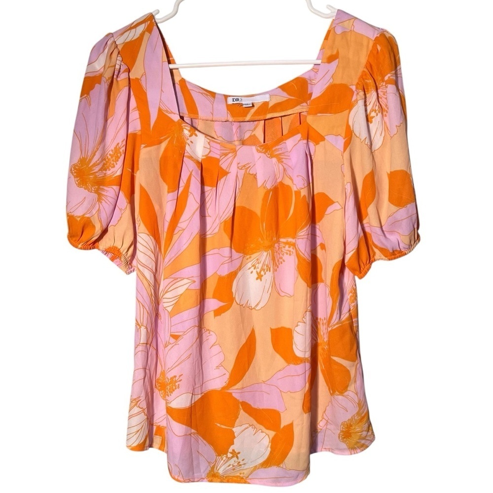 DR2 Daniel Rainn Women's Size Small Peasant Blouse Orange Lavender Floral Square
